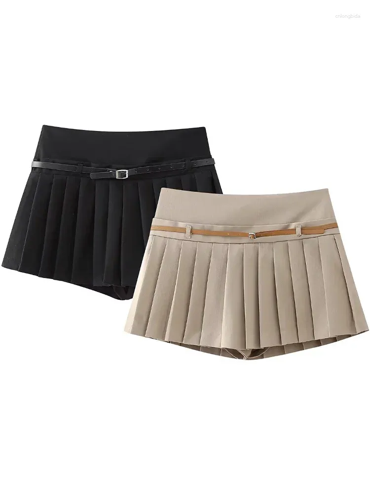 Women's Shorts Women Fashion With Belt Solid Pleated Side Zipper Mini Skirts Vintage High Waist Female Chic Lady