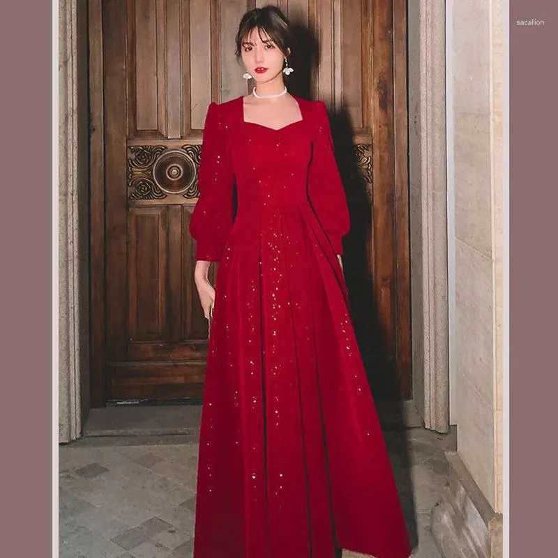 Party Dresses Evening Red Long Sleeve Dinner Dress Ball Gown Host's Fishtail Star Shining H333