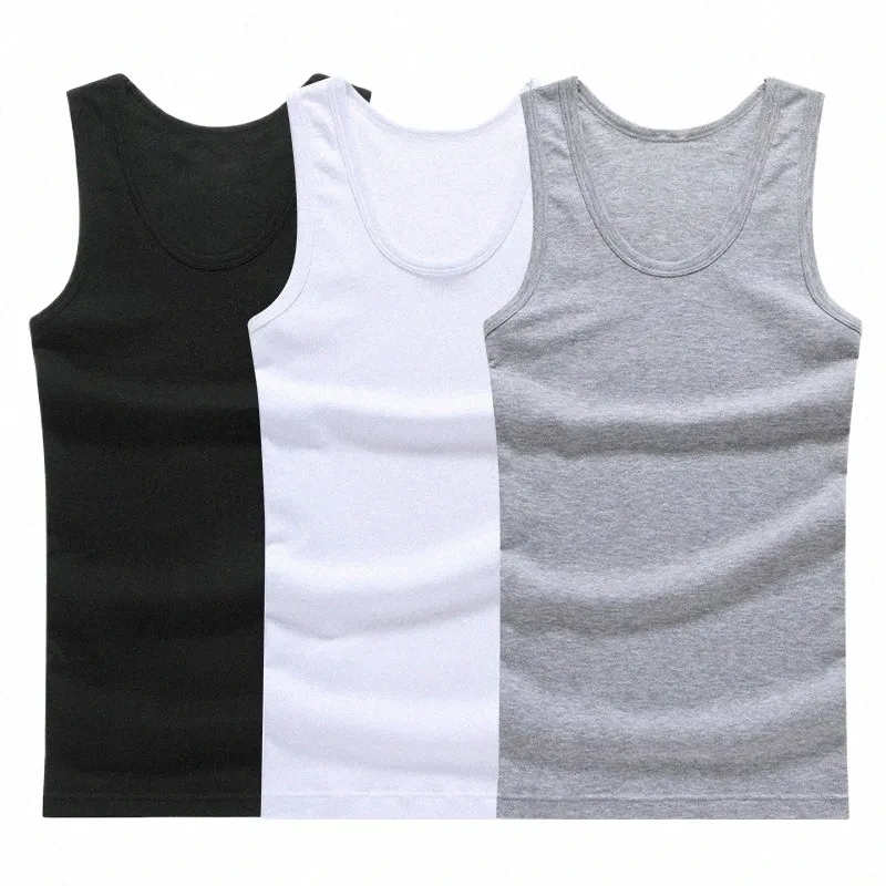 Hot Sale 3st / 100% Cott Mens ärm ärmstopp Solid Muscle Vest Underdirts O-Neck Gym Clothing Tees Whorl Tops W0D6#