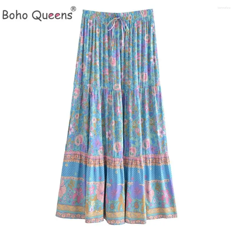 Saias Boho Queens Mulheres Hippie Verão Borla Elástica Cintura Vintage Saia Azul Floral Impresso Rayon Beach Bohemian Plissado Maxi