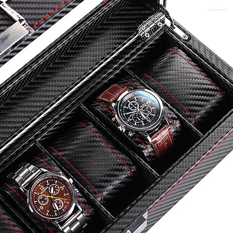 Watch Boxes Box For Men 3/5/6 Slots Organizer Case Carbon Fiber Design Real Glass Top Smooth Faux Leather Interior