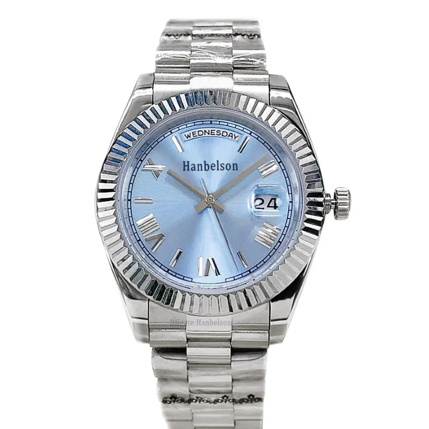 2021 Nya herrklockor Dag Datum armbandsur Roman Ice Blue Dial Automatic Mechanics 41mm Sapphire Glass DayDate Wristwatches309V