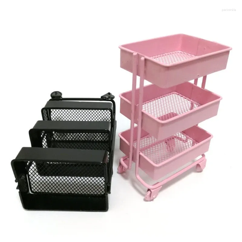 Armazenamento de cozinha kx4b casa de bonecas acessórios de móveis em miniatura prateleira de ferro estante com carrinho de utilidades de rolamento rack mini modelo de cena
