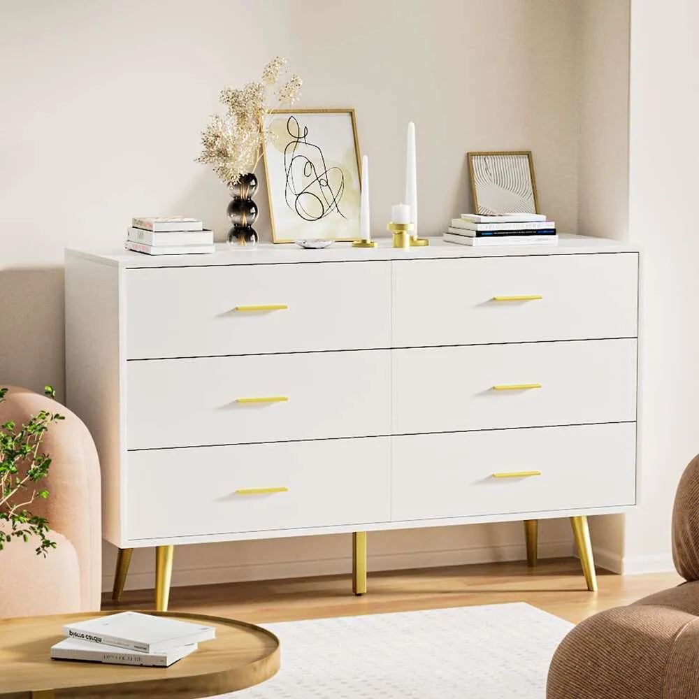 6 Drawer Solid Wood Chest Dresser with White Finish and Double Gold  Handles, Deep Drawers for Bedroom and Hallway from Dhgate Bedroom Furniture  - price 61.56