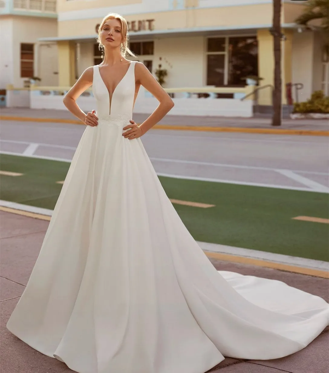 Ory E Sash Wedding SS with V-Neck and crt Train Elegant A Line Bridal Gown: Ivory Satin Wedding Dress With Long Train, V  Neck \u0026 Lace Sash, Back Zipper Closure. A Gorgeous Choice Among Bridal  Dresses With Long Trains From Lavida_beauty, $111.25 |
