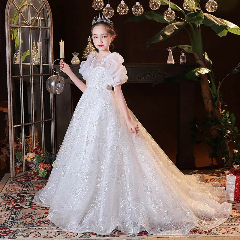chinese dress ladies Communion Long Tulle Puffy Dress Flower Girl Floor Length White Lace Princess with Bow Sleeveless (Pink Sash Detachable) White / 2