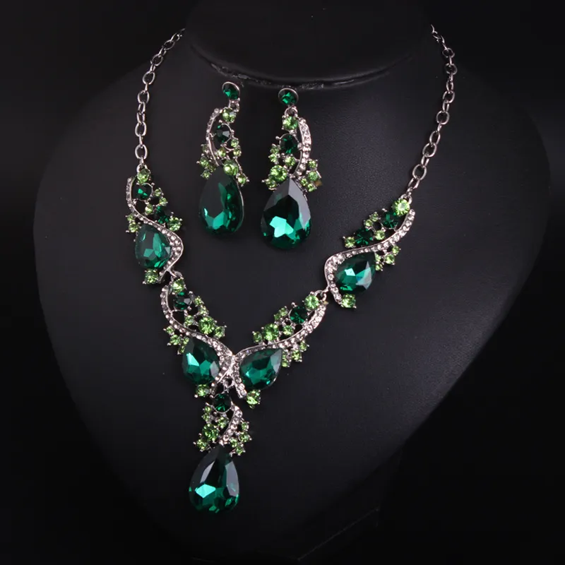 Groene bruids oorbel ketting set bruidssieraden goedkope hete verkoop heilige rode blauwe strass kristal feest prom cocktailparty op voorraad