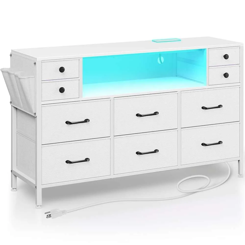 Rolanstar Power Outlets and LED Lights, 10 Side Pocket, Fabric Chest of Drawers PU Finish, Small Dresser with Sturdy Frame & Wood Top for Up to 55inch TV,