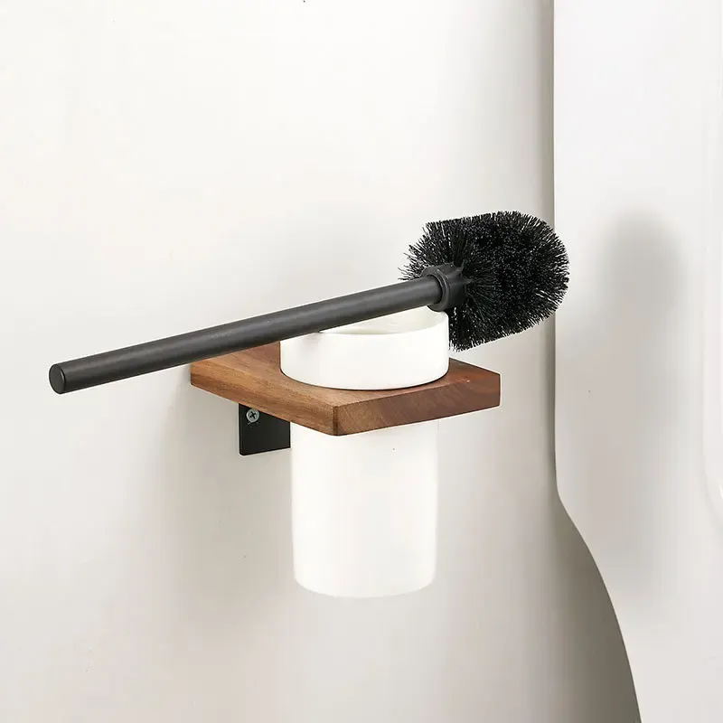Brosses Brosse de toilette à poils doux, base en céramique suspendue, étagère en bois massif, poignée en acier inoxydable, outil de nettoyage de WC, ensembles d'accessoires de salle de bain