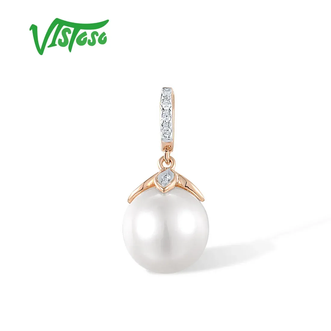 Pendants Vistoso Authentic14k 585 Pendentif en or rose pour femmes Sparkling Diamond Eau frais Perle blanche délicate Simple Fine bijoux