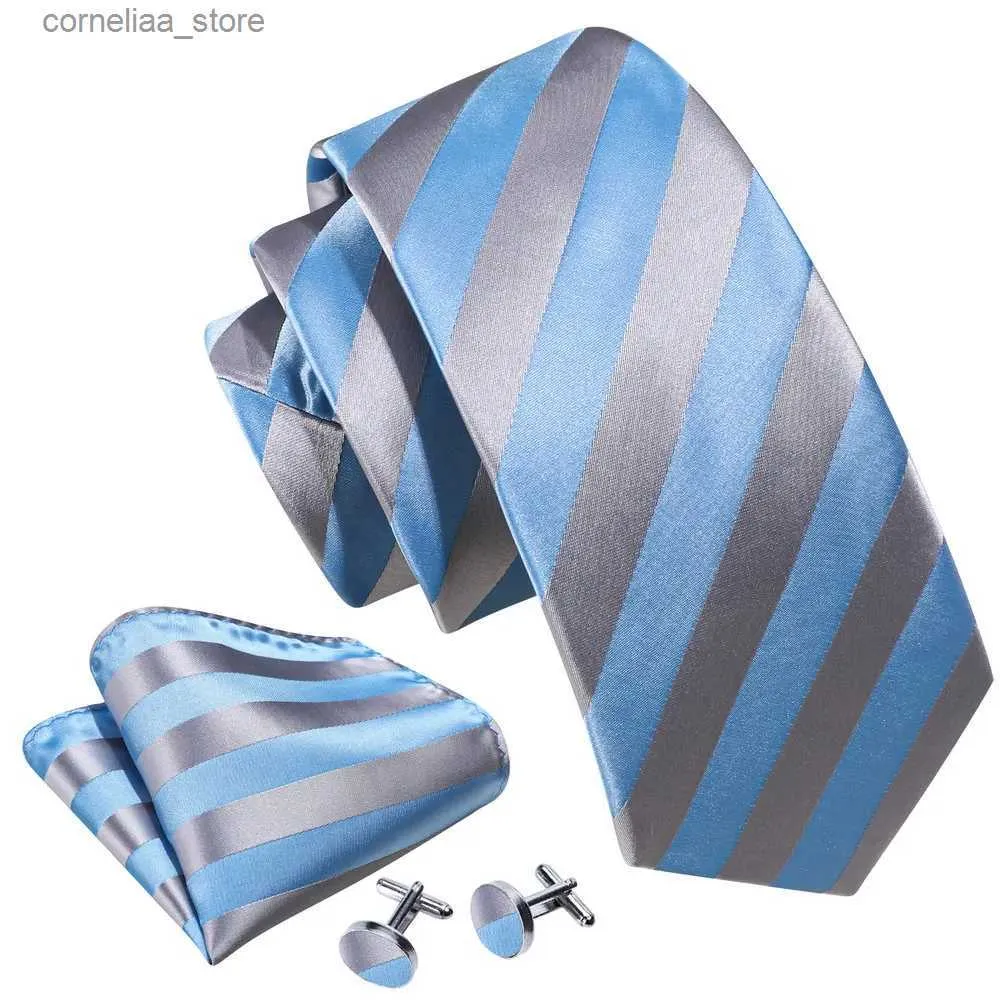 Cravates Cravates Cravates De Mode Bleu Clair Cravate En Soie Pour Hommes ic Stripe Cravate Mouchoir Boutons De Manchette Ensembles De Mariage D'affaires Marié Designer LN-6365 Y240325