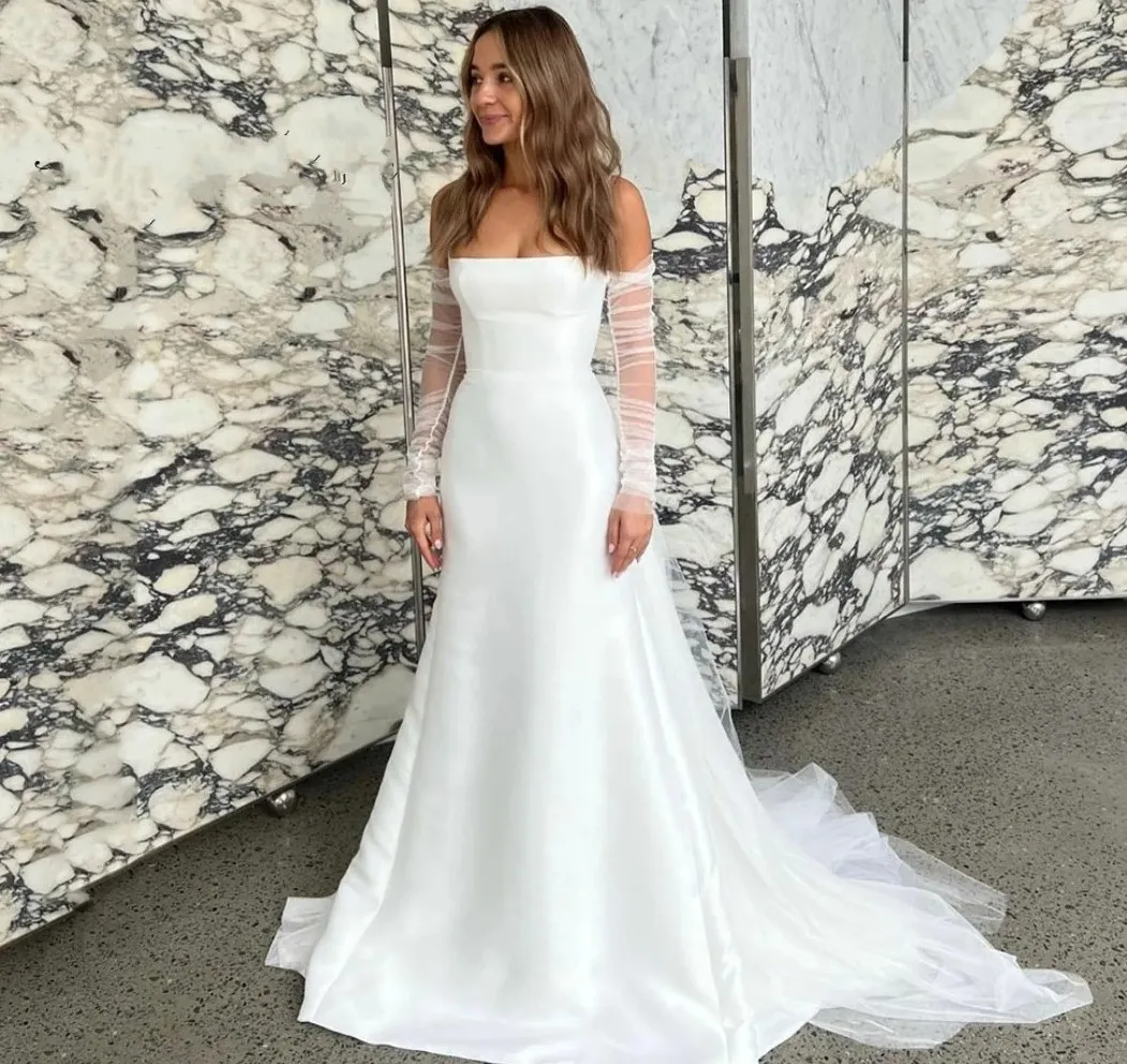 Simples cetim uma linha vestido de casamento barco pescoço destacável manga cheia sem alças vestidos longos plissado vestido de noiva para mulher novias