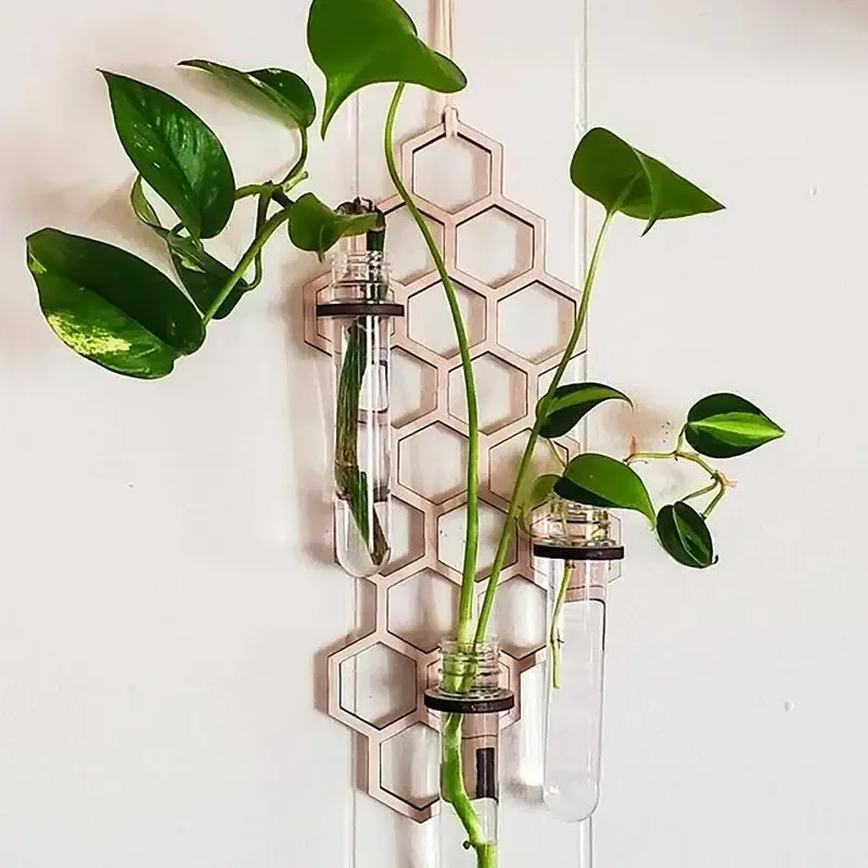 Vases Tenture murale Planteur de verre Terrarium Conteneur Bourgeon de fleur avec support de tube à essai en bois pour la propagation Vase de plante hydroponique