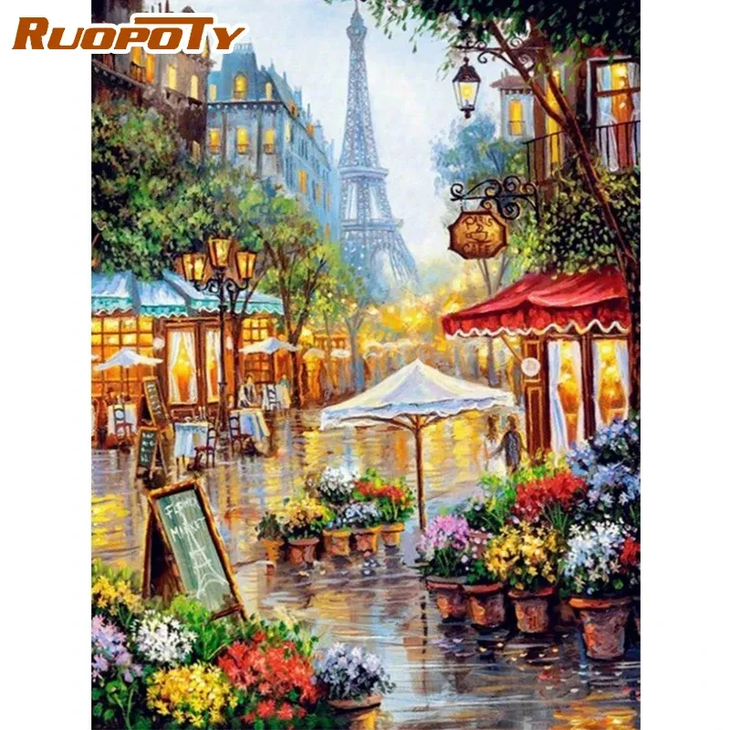 Nummer Ruopoty Frame Paris Street DIY Målning efter siffror Kit Landscape Bild efter siffror för vuxen DIY -gåva Hemdekoration Väggkonst