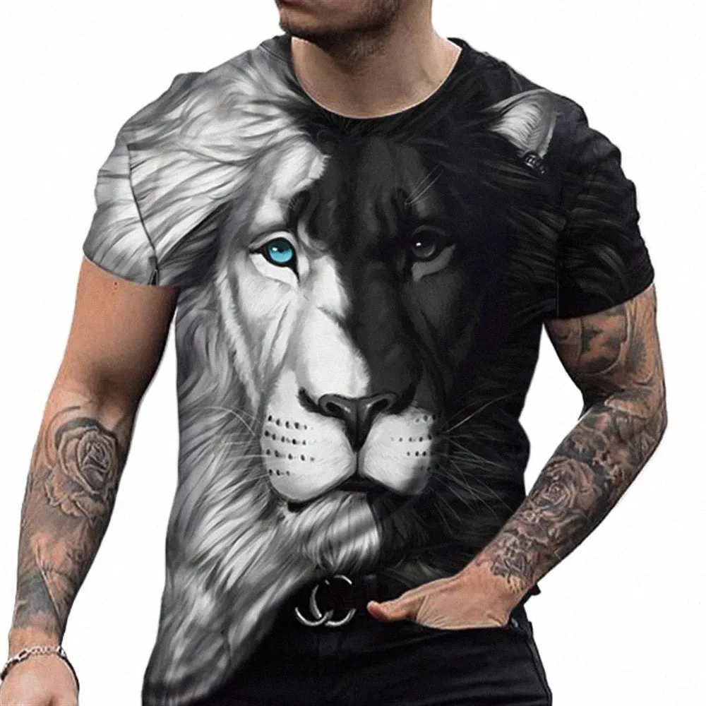 li Fighting Animal Beast Fierce Li Print 3D T-shirt Nouvel été surdimensionné à manches courtes pour hommes Design noir et blanc Polyester 92GO #