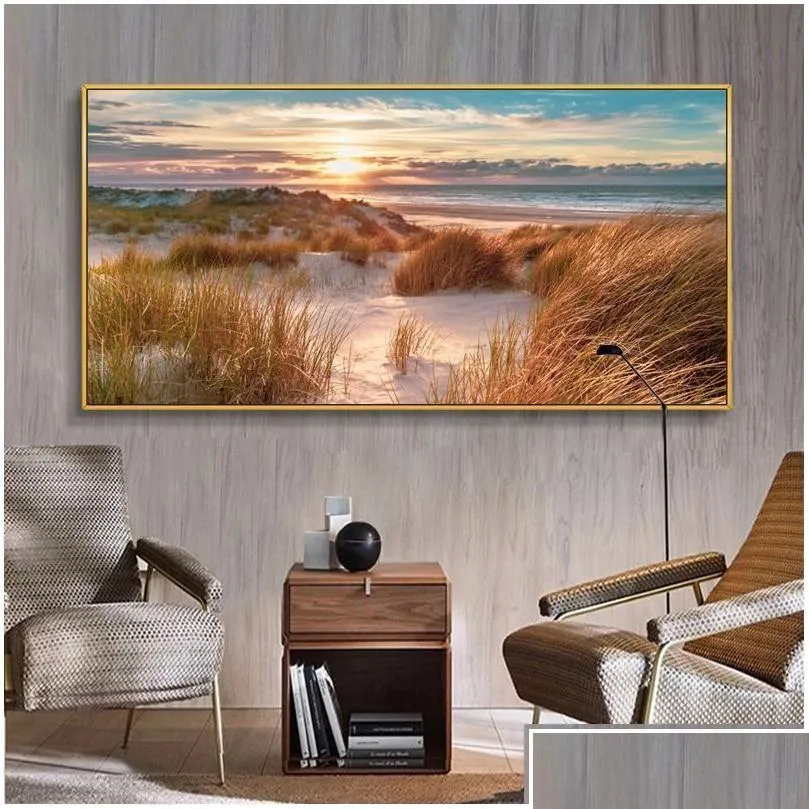 Paintings Beach Landscape Canvas Painting Indoor Decorations Wood Bridge Wall Art Pictures For Living Room Home Decor Sea Sunset Pri Dhtvm