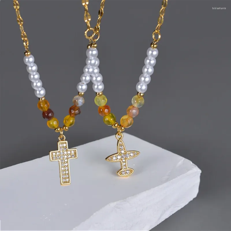Chaînes Acheerup Fashion Collier de chaîne de perles à la main pour femmes en acier inoxydable Zricon Plan Pendentif Bijoux Cadeau d'anniversaire