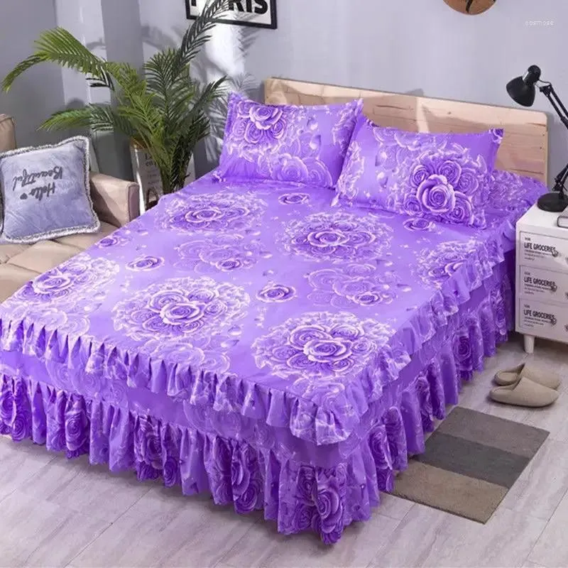 Säng kjol 1 st ark spets elastisk utrustade dubbelsängar med kuddväskor madrass täcker sängkläder set king size sängkläder