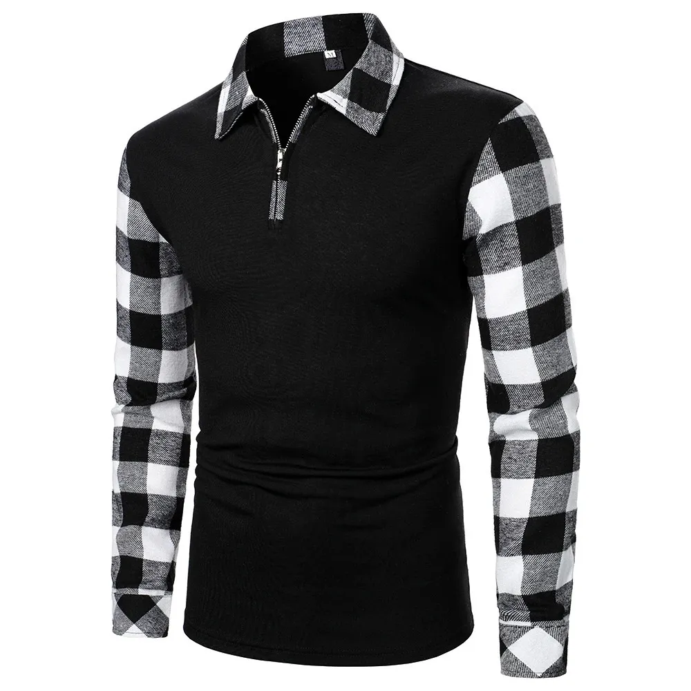 Мужская рубашка поло, мужской топ с длинным рукавом, клетчатая рубашка поло, деловая одежда, повседневная мода, мужские топы 240314
