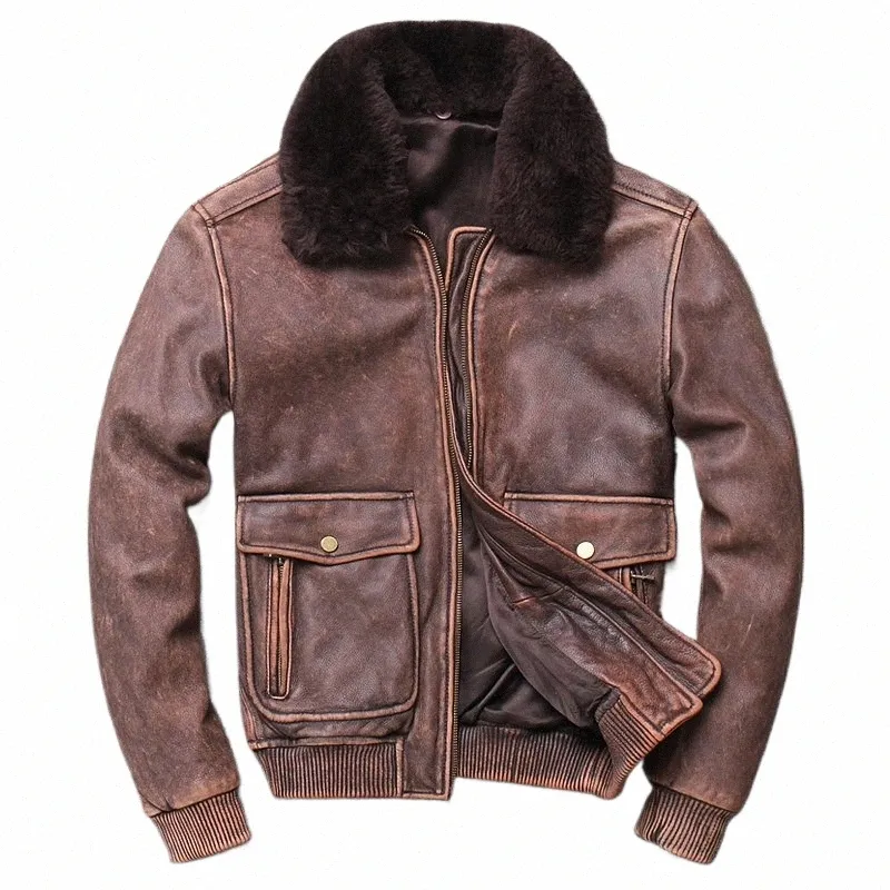mens Brown Air Force Flight Leather Jacket Vintage Wool Collar Plus Size Genuine Cowhide Winter Russian Aviator Pilot Coat Male a9gY#