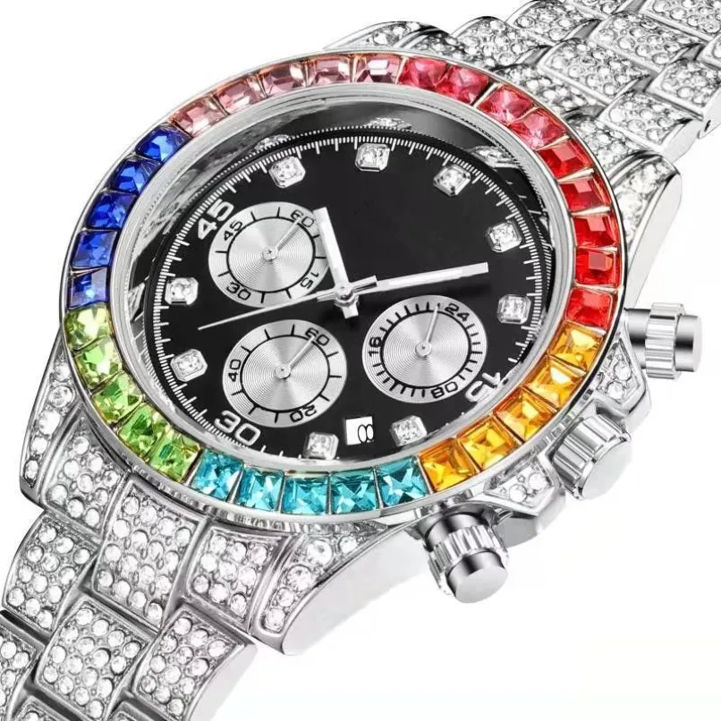 Créateur de luxe de mode superbe coloré plein strass diamant calendrier date quartz batterie montres pour hommes femmes multi functi255U