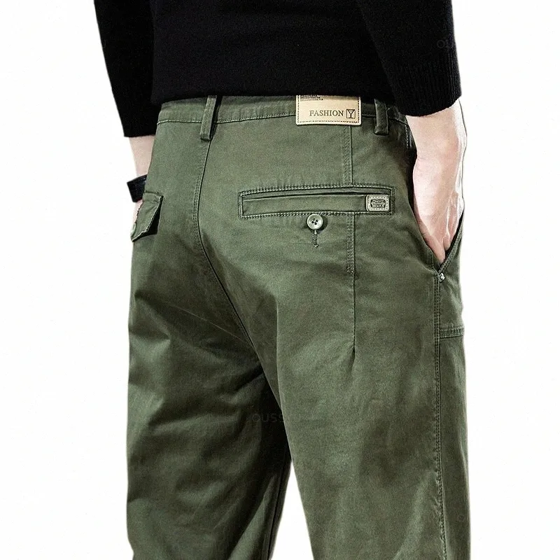 2024 Nouveau haute qualité Cargo Pantalons décontractés Hommes 97% Cott Work Wear Coréen Large Jogger Kaki Vert Marque Pantalon d'extérieur Mâle B63X #