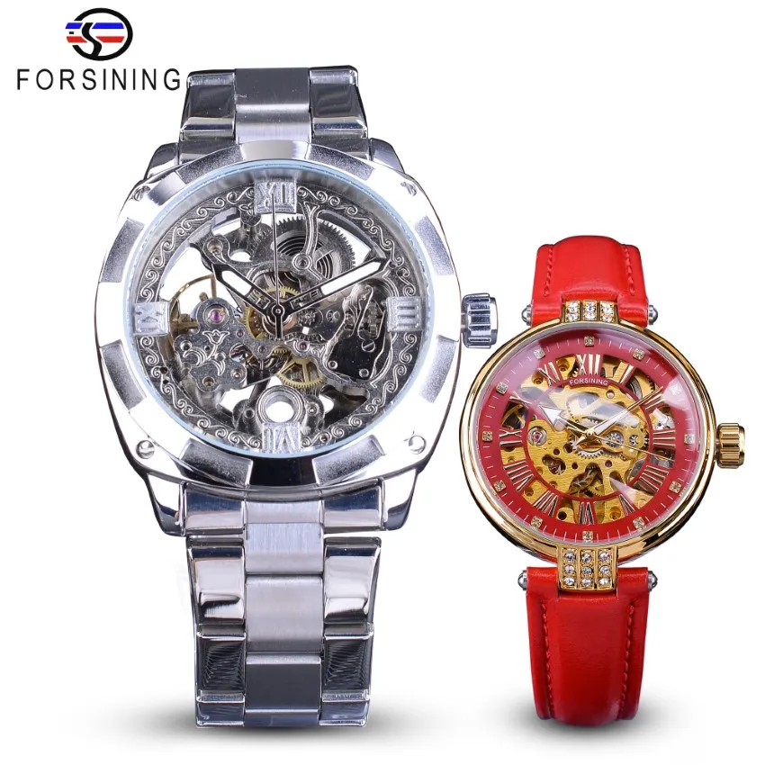 ForSining Par Watch Set Combination Men Silver Automatic Watches Steel Lady Red Skeleton Leather Mechanical Wristwatch Gift275J