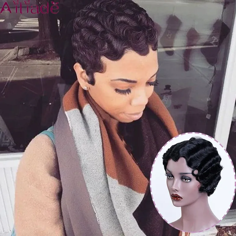 Wigs AILIADE Black Hair Short Wave Wigs For Woman Short Finger Wave Wigs Short Pixie Cut Wig Short Wigs