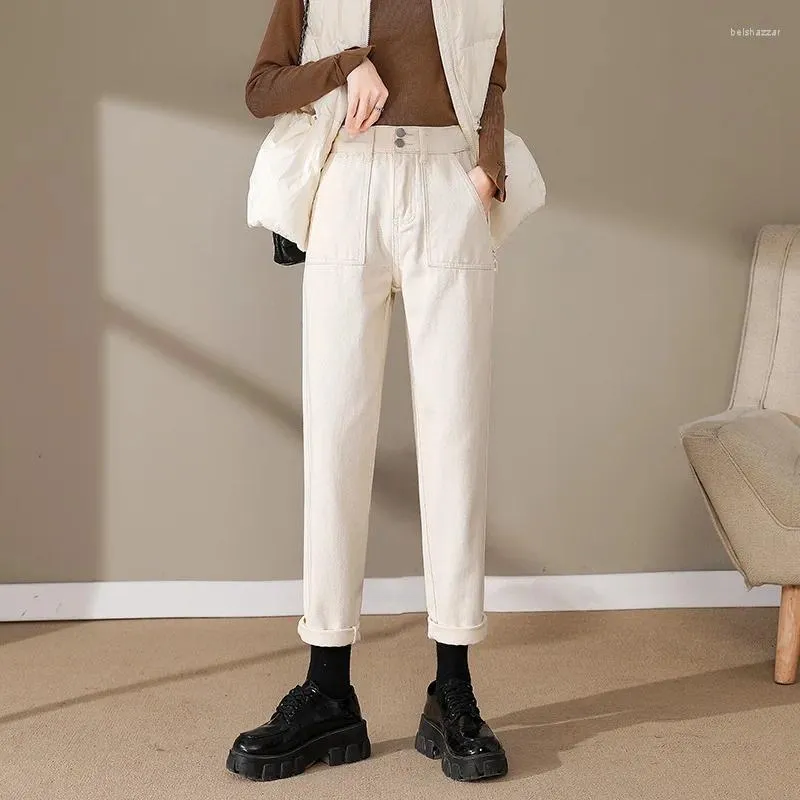 Jean femme printemps taille haute coupe ajustée Harlan pantalon coréen décontracté Baggy Beige droit Denim longueur cheville pantalon S-2XL