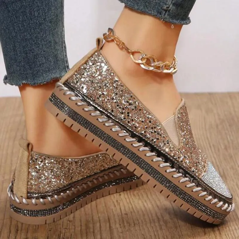 Scarpe casual da donna Slip On Wide Donna Versatile Moda Fondo piatto Strass Alla moda