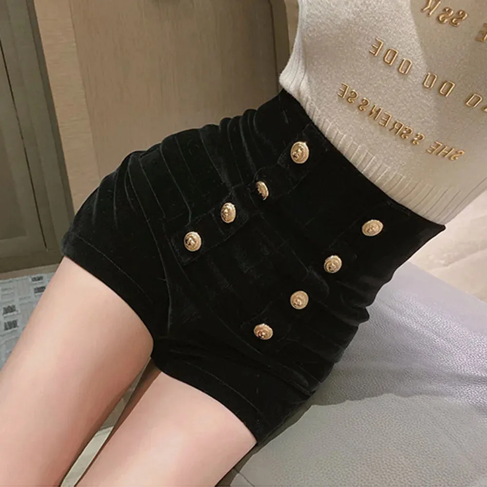 Autumn Winter High Waist Velvet Wide Leg Shorts Women Chic Double Breasted Short Pants Fashion Sexy Bottoms Casual Ropa Mujer 240312