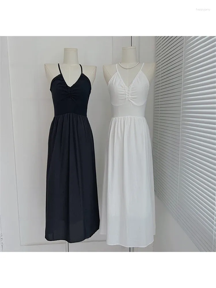 Повседневные платья, летние однотонные платья с вырезом для женщин 2024, платье для выпускного вечера на тонких бретельках, винтажное ажурное платье Gyaru средней длины с v-образным вырезом, сексуальное