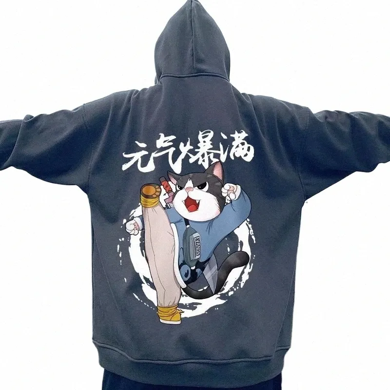 Cremallera para hombre Y2K Sudaderas con capucha Vitality Kung Fu Cat Print Streetwear Hip Hop Sudadera con capucha Harajuku Fi Coat Hombre Sudaderas M61Q #