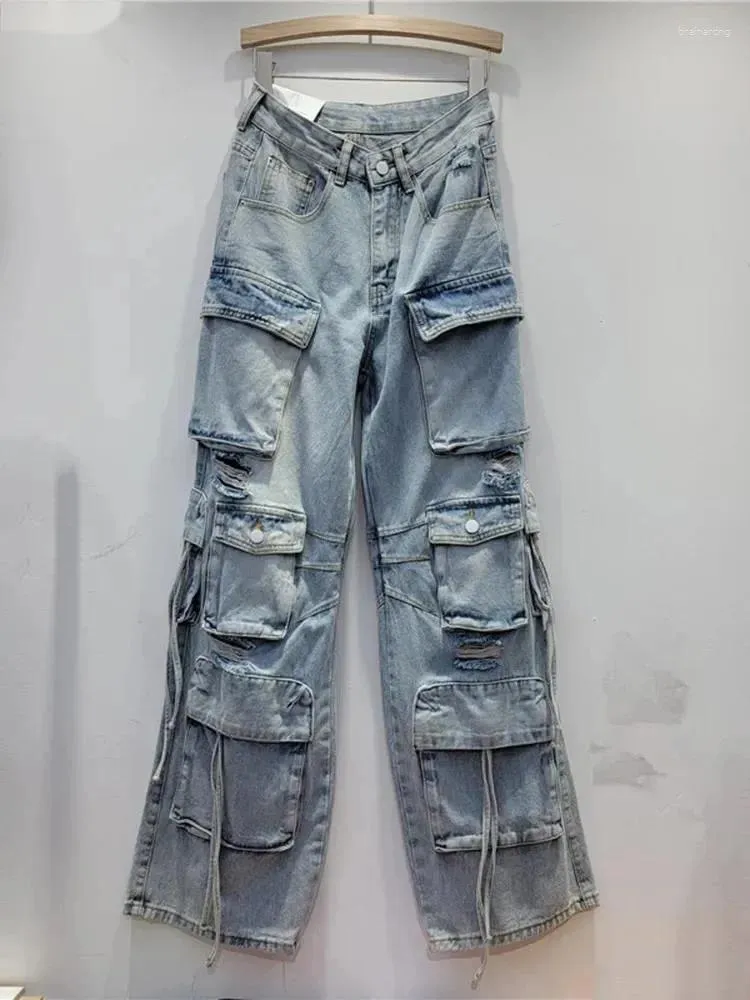 Damskie dżinsy szerokie nogi Kobiety wiele kieszeni Patwork Posłowa wysoka talia Blue Streetwear Denim Spodnie 2024 Autumn Winter Moders x566