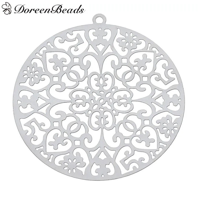 304 Rostfritt stål Filigree Stamping Pendants Round Silver Tone Heart Carved Hollow 43mm x 40mm 10 PCS 2016 New JE5580790