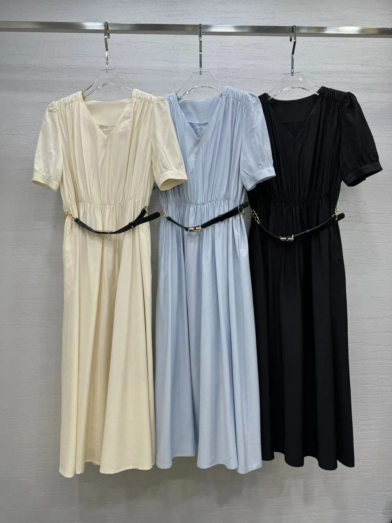 2024 Spring Black/Blue/Yellow Short Sleeves V Neck Belt Women Dress Designer High End Womens Runway Dress Vestidos De Festa 3259