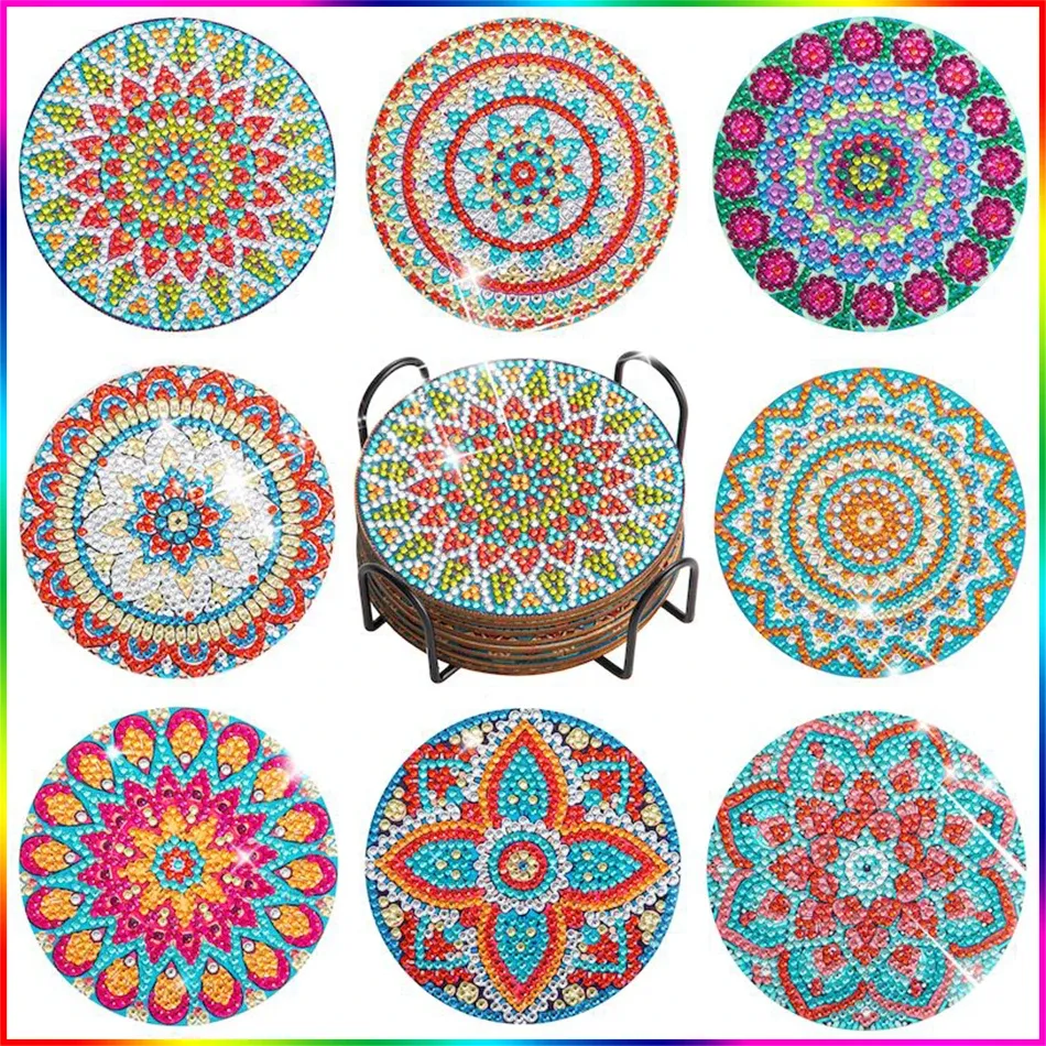 Stitch PhotoCustom 8Pcs/Set DIY Diamond Painting Coaster Cup Mat Pad Mandala Diamond Embroidery Round Coasters Placemat Home Kitchen