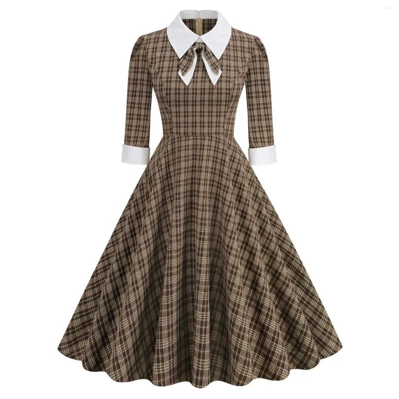 Casual Dresses Women's European And American Retro English Contrast Shirt Collar Bow Tie Plaid Elegant Long Sleeved Mid Summer Dress