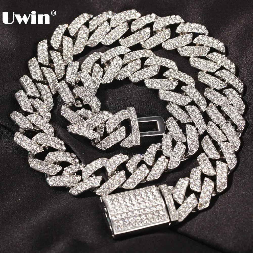 UWIN 18 мм цинковый сплав кубинские ожерелья для мужчин два ряда блестящее ожерелье с камнями золотого, серебряного цвета хип-хоп ювелирные изделия падение 240311