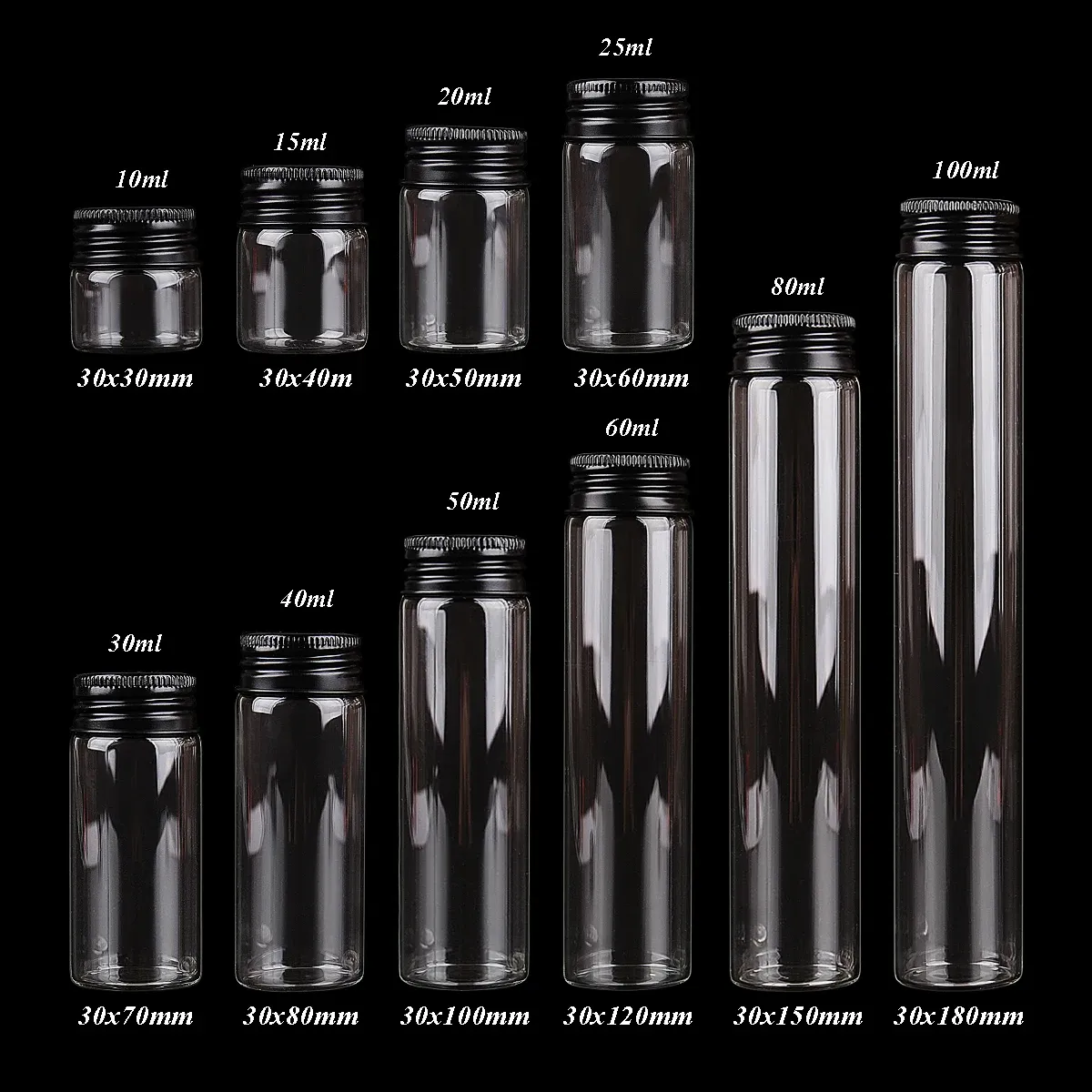 Potten 24 stuks 10ml100ml glazen flessen met zwarte aluminium doppen Kruidkruik Glazen containers Decoratieve flessen voor bruiloft ambacht DIY cadeau