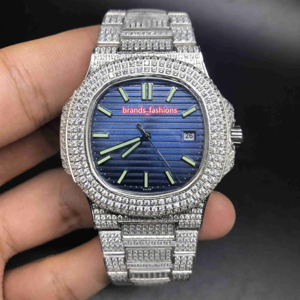 Reloj de diamantes único y glamoroso para hombre, reloj de concha de acero inoxidable plateado, correa de diamante con esfera azul, mecánico automático Wris3174