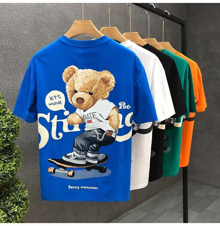 Summer Pure Cotton z krótkim rękawem T-shirt męska marka 2023 Nowa kreskówka Teddy Bear Koreańska wersja modna ruffian przystojna szczupła ubrania