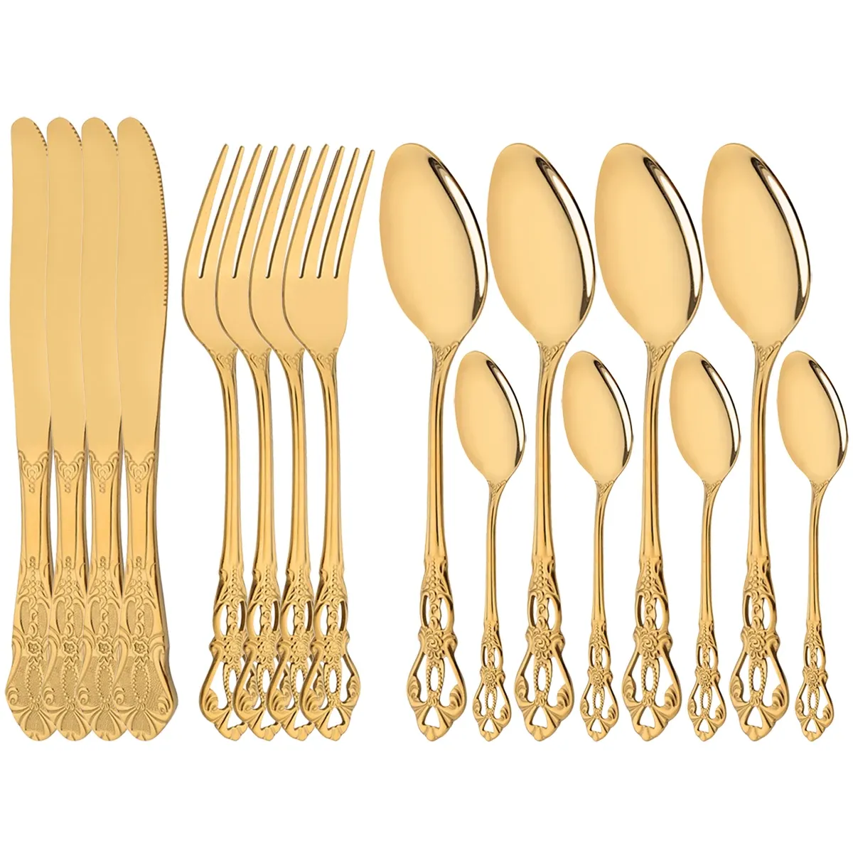 Conjuntos 16 Pcs Ouro Royal Colher Garfo Faca Conjunto de Louça Espelho Conjunto de Talheres de Aço Inoxidável Cozinha Ocidental Jantar Talheres Talheres