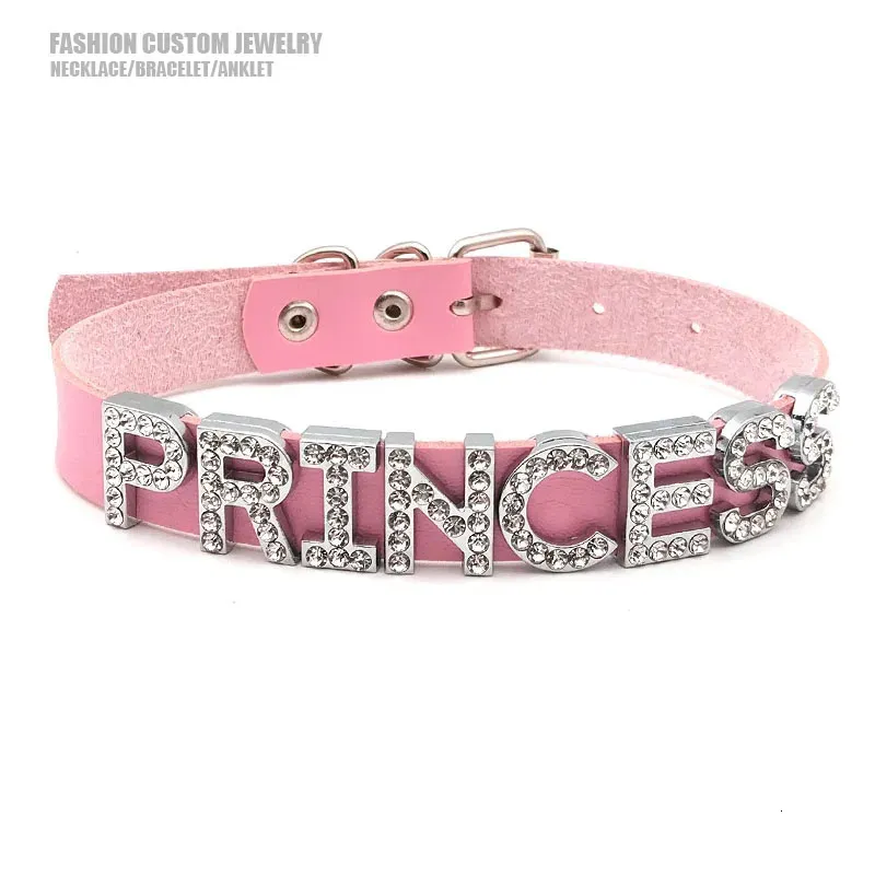 Rosa Pu Couro Daddys Princesa Gargantilha Colar Strass Letras Nome Personalizado Colares Para Mulheres Homens Personalizado Jóias Sexy 240315