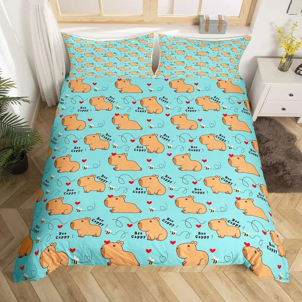 Cute Capybara Bedding Sets Full Kawaii Honey Bee Comforter Cover,cartoon Animals Bed Set Red Love Heart Print Duvet Cover