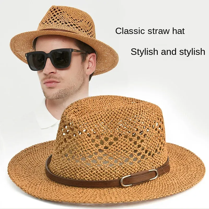 Designer Fedora Hat Wide Brim Man Beach Straw Exquisite Weave Mesh Hollow Out Bortable Summer Leisure 240309