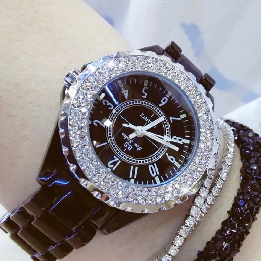 Diamentowe zegarki słynne marka Black Ceramic Watch Kobiet Pasek Kobiet Na rękę Rhinestone Rhinestone Watch Watches 201204216S