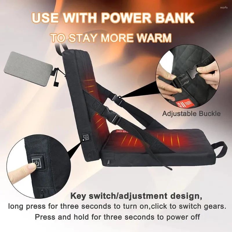 Tapis pliant coussin de dossier chauffant portable avec poche 3 vitesses température USB charge pour l'hiver intérieur extérieur