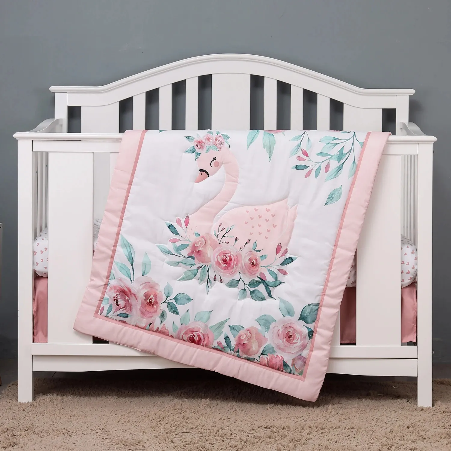 3pcs micro fiber brushed Baby Crib Bedding Set swan and flower design for Girls including quilt crib sheet skirt 240313