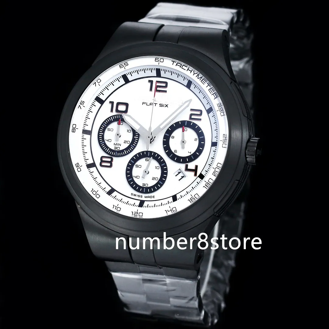 Cronotímero Sports Car Mens Watch Flyback Quartz Cronógrafo Negro de acero inoxidable Cristal Dial blanco Dial blanco Muñeca suiza impermeable 11 colores